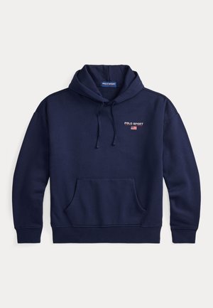 Tengerészkék pulóver kapucnis felső puha anyagból, elülső zsebbel, bordázott mandzsettákkal és amerikai zászlóval díszített hímzett logóval.