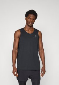 Black athletic tank top with a round neckline and sleeveless design, featuring a small white logo on the chest. Lightweight fabric.