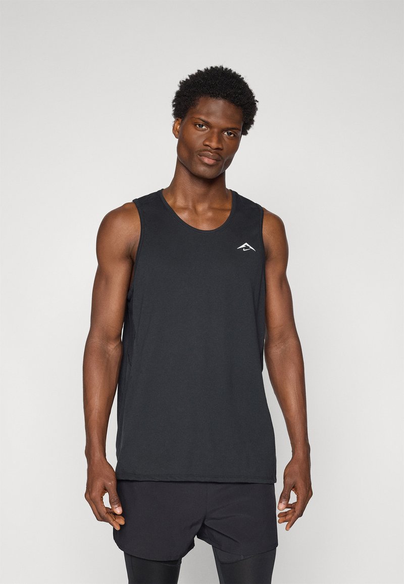 Black athletic tank top with a round neckline and sleeveless design, featuring a small white logo on the chest. Lightweight fabric.