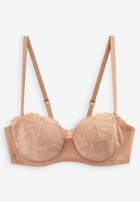 Kant bralette in zacht beige met padded cups, bloemenpatroon, verstelbare bandjes en haak-en-oog sluiting op de rug.