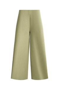 Pantalon taille haute, jambes larges et raccourci en vert olive clair avec de subtiles rayures verticales.