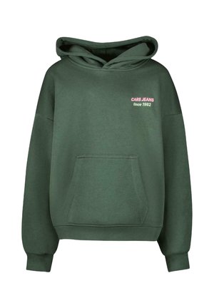 Groene capuchon sweatshirt van zacht materiaal. Bevat een voorzak, geribbelde manchetten en "CARS JEANS Since 1982" in roze borduring.