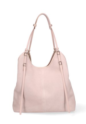 Sac cabas en cuir rose clair avec doubles bretelles et boucles réglables sur fond blanc uni.