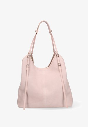 Sac cabas en cuir rose clair avec doubles bretelles et boucles réglables sur fond blanc uni.