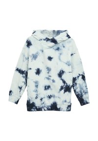 Lichtblauwe hoodie met marineblauw tie-dye patroon, lange mouwen en een trekkoordkap. Zachte stof en geribbelde boorden maken het ontwerp af.