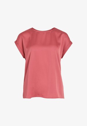 Blusa da donna ampia a maniche corte color corallo rosa con polsini arrotolati e scollo rotondo su sfondo bianco.