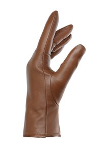 Guanto in pelle marrone con tre aperture per le dita e texture liscia. Presenta cuciture precise e un design aderente.