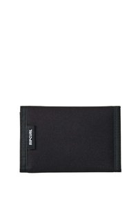Cartera de tela negra con una etiqueta del logo de Rip Curl cosida en el lado izquierdo, colocada plana sobre un fondo blanco.