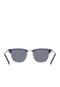 Okulary przeciwsłoneczne z granatową plastikową oprawą, srebrnymi metalowymi akcentami, szarymi soczewkami i geometrycznym kształtem. Przezroczyste noski i smukłe zauszniki.