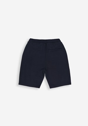 Marineblaue Shorts aus Baumwolle mit einem elastischen Bund und einer einzelnen Gesäßtasche, die ein einfaches Design ohne sichtbare Muster aufweisen.