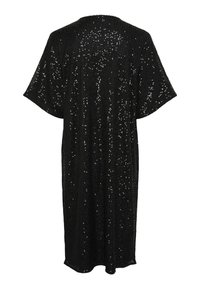 Robe noire longueur genou à manches courtes, recouverte de sequins brillants, vue de dos, coupe droite et ample.