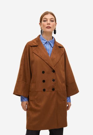 Cappotto doppiopetto marrone in tessuto morbido, con maniche larghe, bottoni neri e due tasche frontali. Indossato sopra una camicia a righe blu.