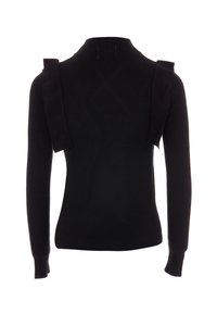 Pulover negru tricotat cu nervuri, cu mâneci lungi, având volane pe umeri și un gât înalt. Textură netedă cu o siluetă ajustată.