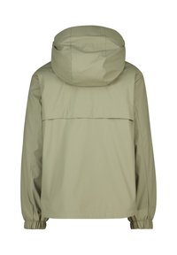 Light beige jacket with a hood, featuring elastic cuffs and a back yoke. Smooth texture, simple design, and casual silhouette.