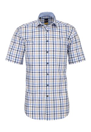 Kurzärmeliges Hemd mit Knopfleiste, blau-beige-weiß kariertem Muster und einer kleinen Brusttasche, Kragen sichtbar.