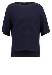 Tummansininen ribbed lyhythihainen toppi, jossa on pyöreä pääntie ja pienet sivuhalkiot helmassa.