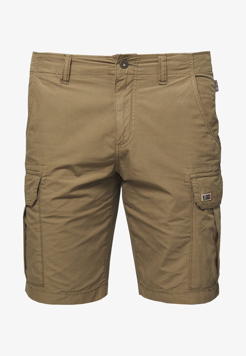 Short cargo kaki pour homme avec bouton à l’avant, passants de ceinture, poches latérales et poches à rabat sur les deux cuisses, avec un petit écusson logo sur la poche droite.