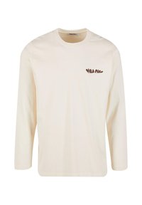 Lange mouwen crème T-shirt van katoen, met een ronde halslijn en een klein bruin logo op de linkerborst. Gladde textuur, rechte snit.