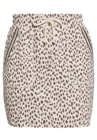 Minirock mit Leopardenmuster aus cremefarbenem Stoff. Verfügt über einen Bund mit Kordelzug, zwei Vordertaschen und kontrastierenden schwarzen Reißverschlüssen.