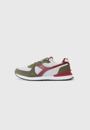 Sneakers featuring a combination of white mesh, olive suede, and burgundy accents. Low-profile design with black rubber sole.