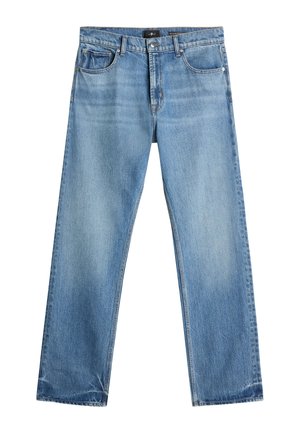 Lichtblauwe recht gesneden jeans van denim. Kenmerken zijn een rits, vijf zakken en een lichte vervaging aan de voor- en achterkant.