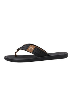 Tongs noires avec semelle en caoutchouc, sangle en tissu texturé et un patch logo accent marron sur la sangle supérieure. Design plat, style décontracté.