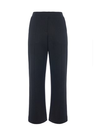 Pantaloni neri leggeri e stretch con vita elastica, gambe dritte e dettagli della cucitura frontale. Texture morbida e liscia.