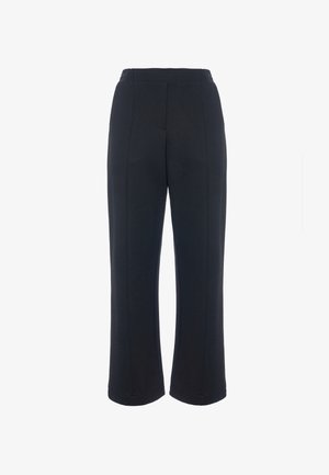 Pantaloni neri leggeri e stretch con vita elastica, gambe dritte e dettagli della cucitura frontale. Texture morbida e liscia.