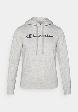 Šedá mikina s kapucí na stažení, přední kapsou a vyšitým logem "Champion" v námořnické modři na hrudi. Měkká textura látky.