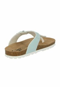 Kork flip-flop sandaali, jossa on teksturoidut vaaleansiniset hihnat, valkoinen kumipohja ja ruskea jalkapohja, jossa on painettu kuvio.