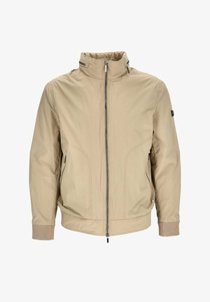 Beige men's lightweight zip-up jacket with high collar, zippered side pockets, elastic cuffs, and minimal seam detailing.