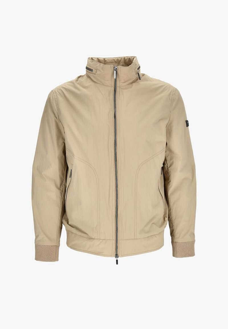 Beige, leichte Herrenjacke mit Reißverschluss, hohem Kragen, seitlichen Reißverschlusstaschen, elastischen Bündchen und minimalen Nahtdetails.