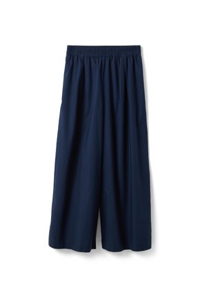 Pantalones cropped de pierna ancha azul marino con cintura elástica, hechos de tela ligera, mostrados sobre fondo blanco.