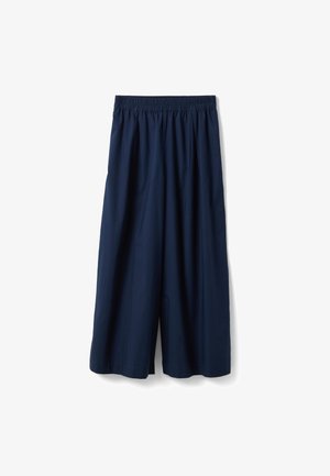 Pantalones cropped de pierna ancha azul marino con cintura elástica, hechos de tela ligera, mostrados sobre fondo blanco.