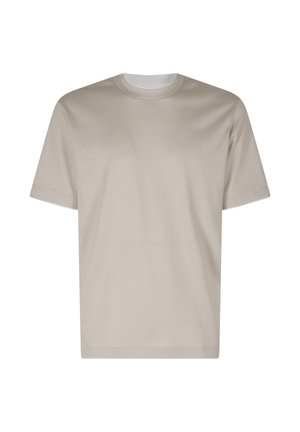 Maglietta beige chiaro a maniche corte con scollo a girocollo, in tessuto liscio e uniforme senza disegni o loghi visibili.