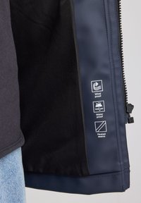 Waterproof jacket with a navy inner lining, featuring icons for windproof, waterproof (1000 mm), and heated seams. Soft texture.