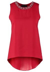 Top rosso senza maniche con scollatura rotonda e un colletto decorativo a perline. Tessuto morbido, orlo posteriore più lungo, texture liscia.