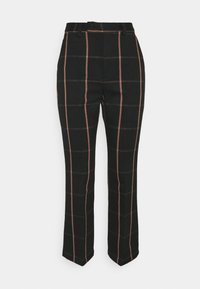 Pantalons à carreaux noirs avec de fines lignes roses, dotés d'une coupe droite, d'une fermeture à bouton et de passants de ceinture. La texture tissée est visible.