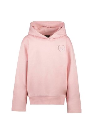 Roze katoenen hoodie met een voorzak in kangoeroestijl, een trekkoordkap en geborduurd logo aan de linkerkant van de borst. Dikke geribbelde manchetten.