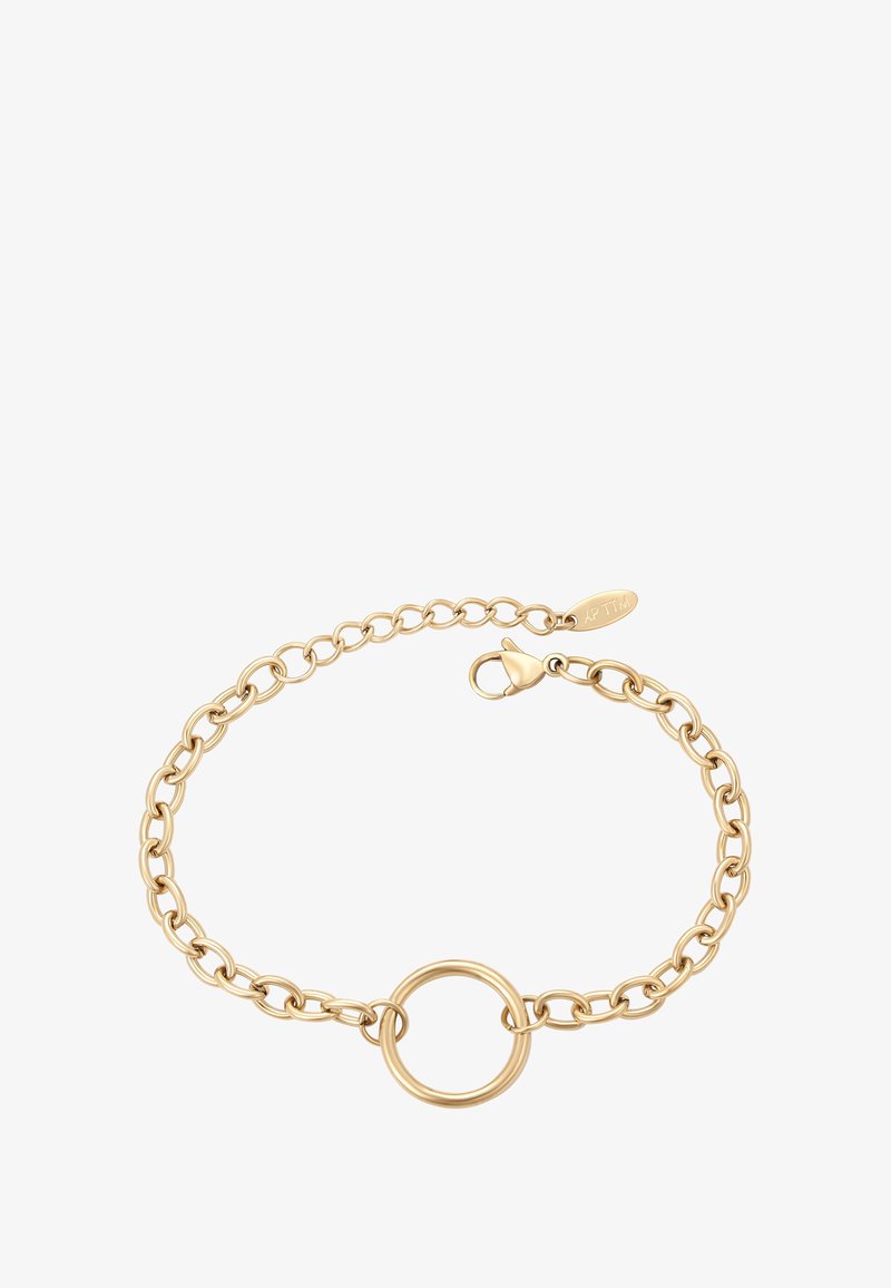 Bracciale in oro con un centro a forma di anello circolare aperto e chiusura a moschettone con catena estensibile.
