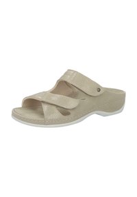 Beige slide sandal featuring a textured upper with cut-out sections, dual adjustable straps, and a white rubber sole.