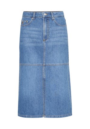 Falda de mezclilla, azul, hasta la rodilla, con un sutil patrón desvanecido, bolsillos delanteros, cierre de botón y cremallera, costuras en contraste y corte recto.