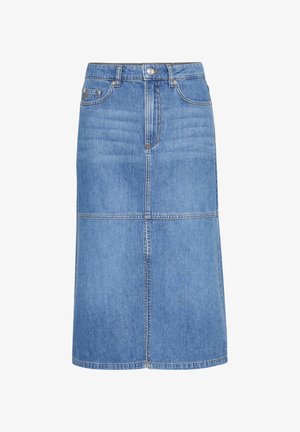 Jeansskørt, blåt, knælængde, med subtilt falmet mønster, forlommer, knap- og lynlåslukning, kontrastsyning og lige snit.