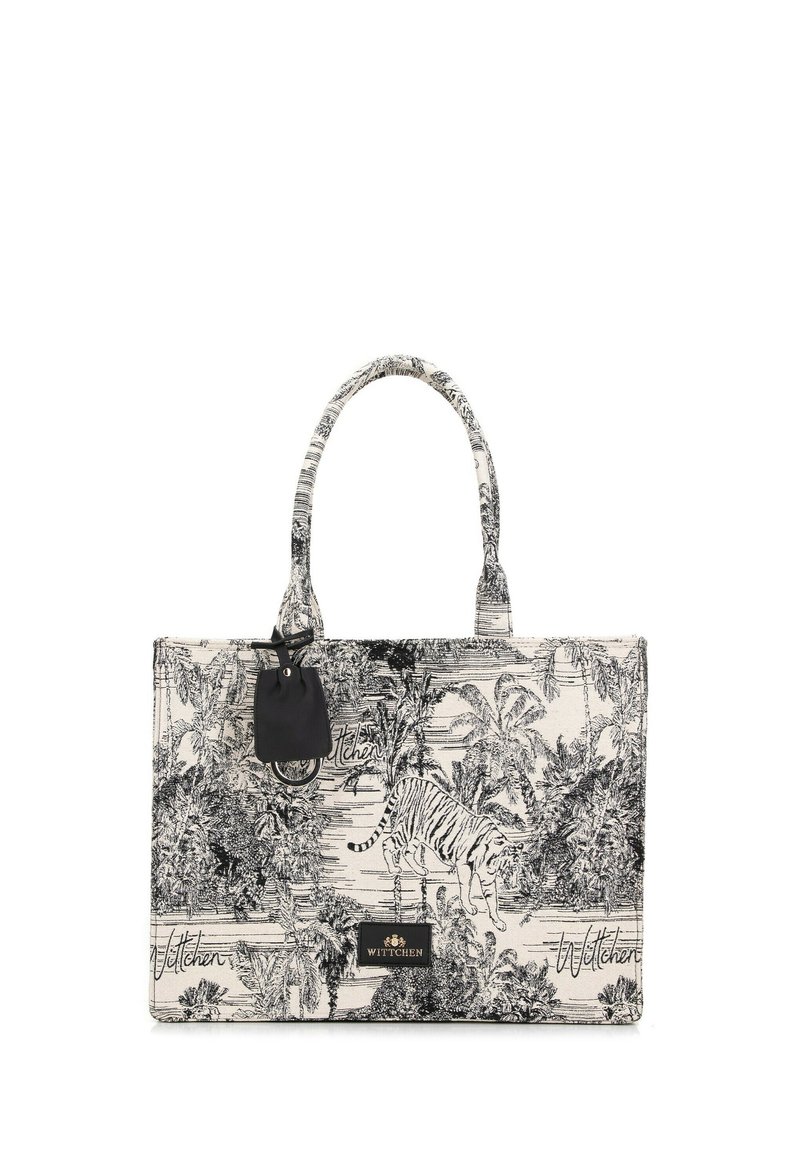 Sac fourre-tout rectangulaire en toile avec un motif jungle noir et blanc représentant un tigre et des palmiers. Comprend deux poignées robustes.