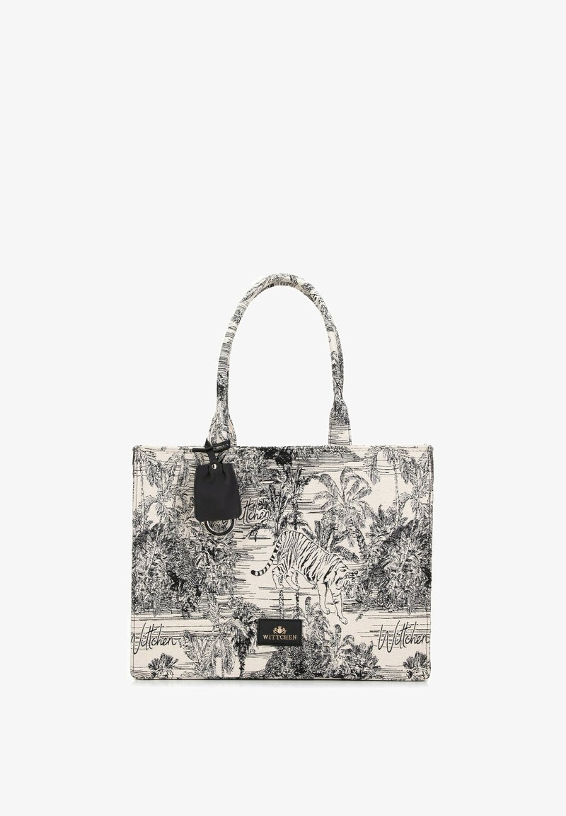 Bolso tote rectangular de lona con un patrón de jungla en blanco y negro que incluye un tigre y palmeras. Incluye dos asas resistentes.