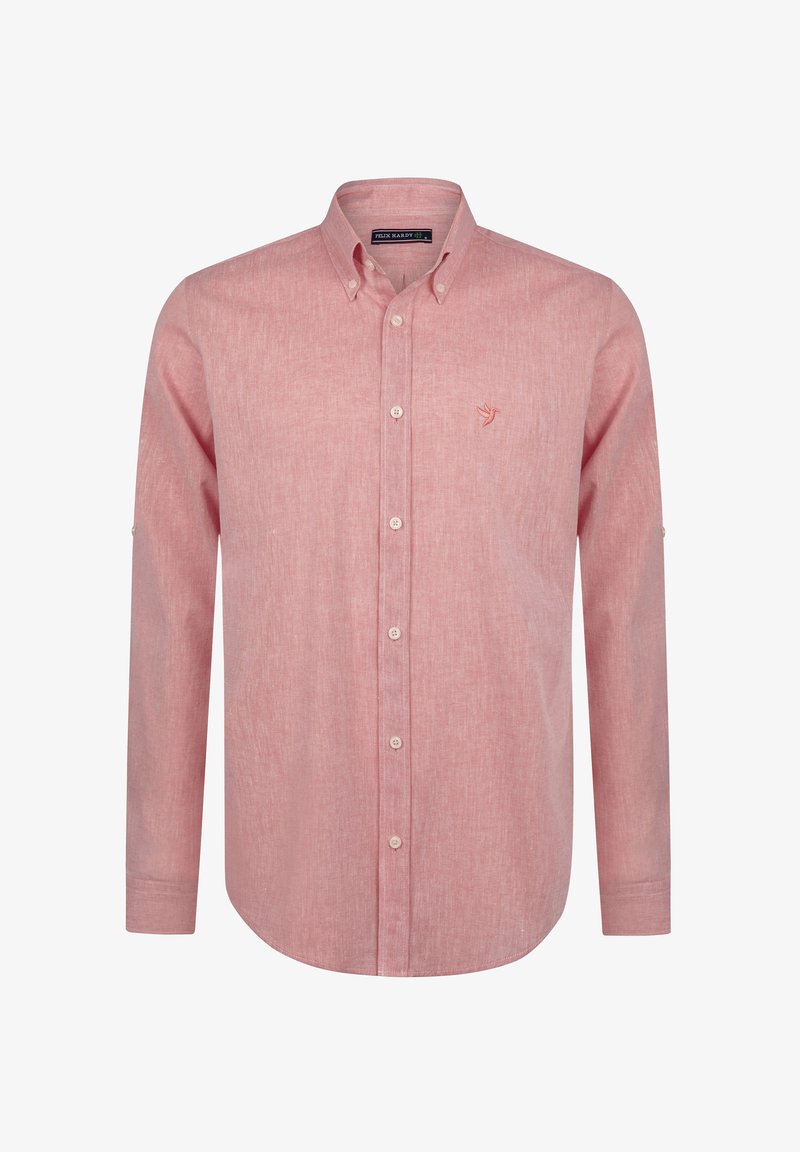 Heled roosa pikas varrukas särk, millel on nööpidega krae, esimesed nööd ja väike masinõmmeldud linnu logo vasakul rinnal. Tekstureeritud kangas.