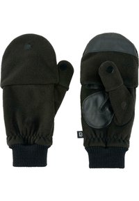 Black fleece mittens with a soft texture, elastic wrist cuff, and leather palm patch for grip. Features a buttoned flap for finger access.