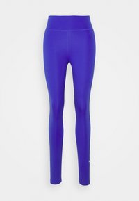 Leggings a vita alta realizzati in tessuto elastico viola. Presentano un design elegante senza cuciture visibili e un piccolo logo vicino alla caviglia.