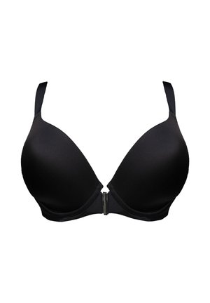 Schwarzer gepolsterter BH aus glattem Material, mit Bügelunterstützung, verstellbaren Trägern und einem Haken- und Ösenverschluss in der Mitte vorne.