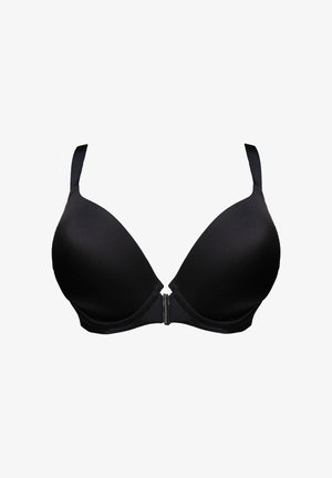 Black padded bra with smooth fabric, underwire support, adjustable straps, and a hook-and-eye closure at the center front.
